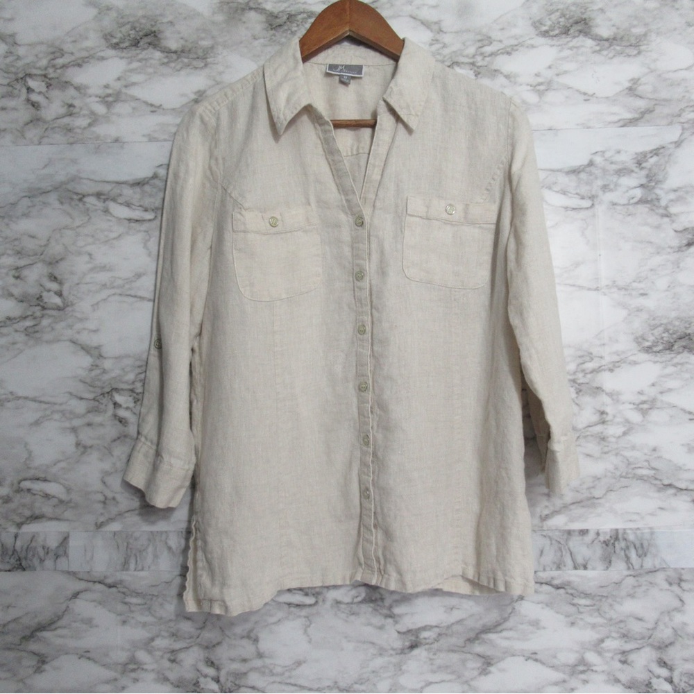 JM Collection Linen Button Down 3/4 Sleeve Shirt Size 10